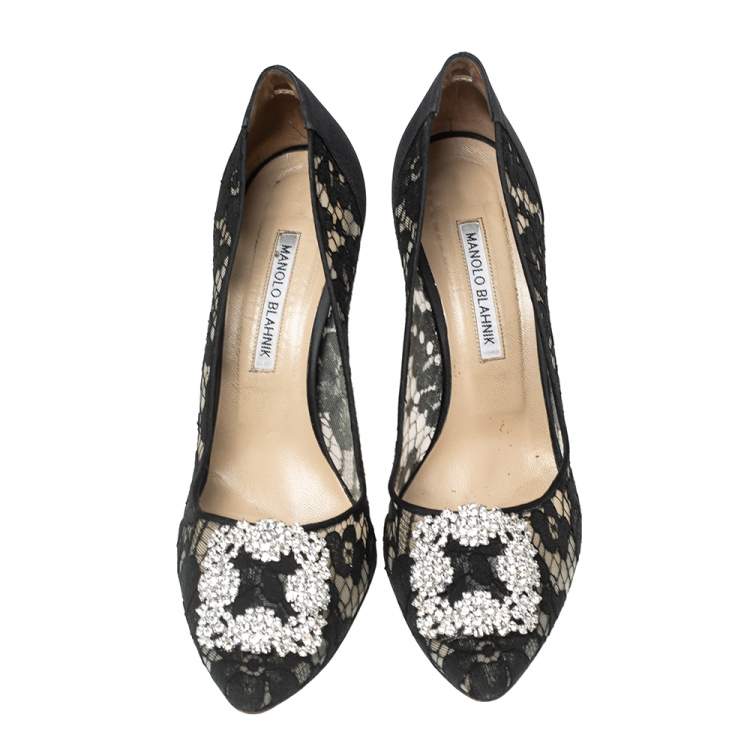 Pre Owned Manolo Blahnik Black Lace and Satin Hangisi Crystal Embellished Pumps Size 40