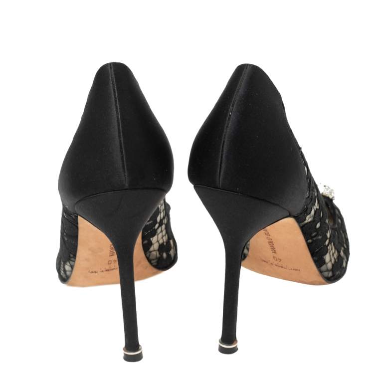 Pre Owned Manolo Blahnik Black Lace and Satin Hangisi Crystal Embellished Pumps Size 40