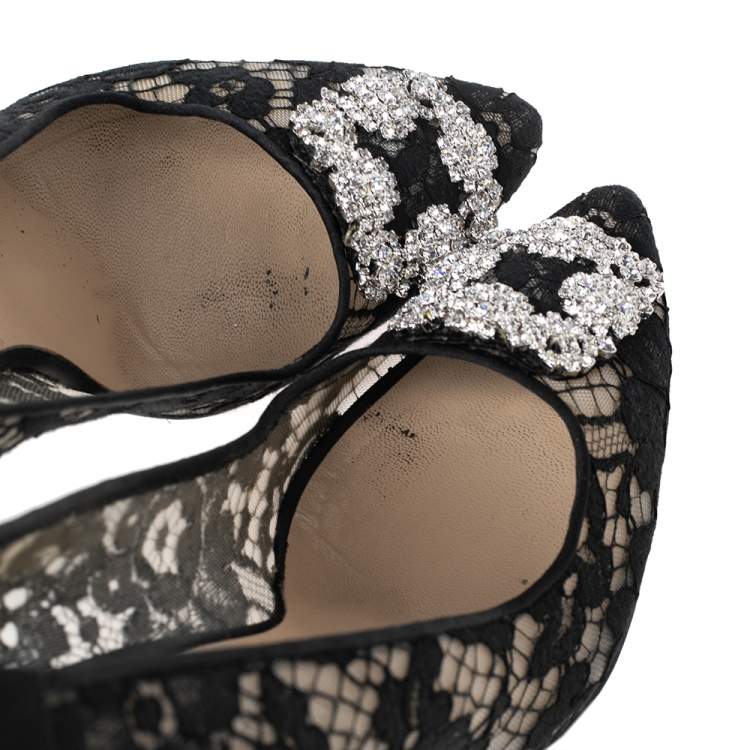 Pre Owned Manolo Blahnik Black Lace and Satin Hangisi Crystal Embellished Pumps Size 40