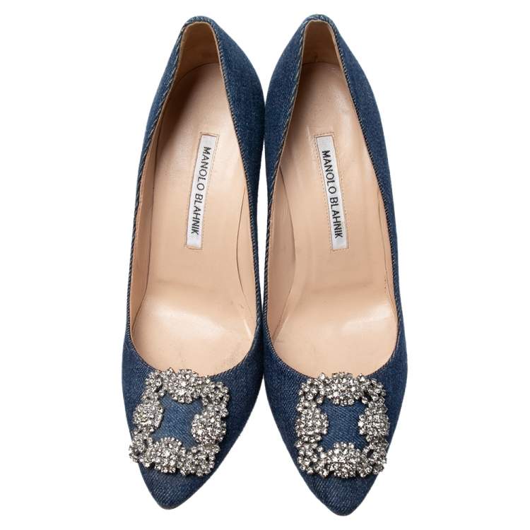 Pre Owned Manolo Blahnik Blue Denim Hangisi Pumps Size 38