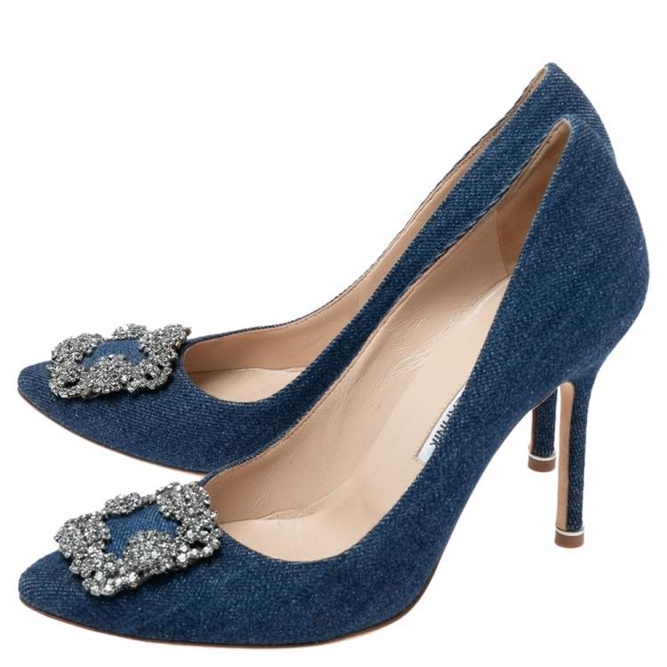 Pre Owned Manolo Blahnik Blue Denim Hangisi Pumps Size 38