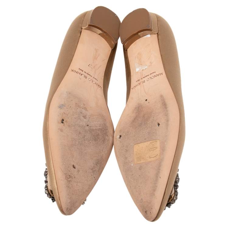 Pre Owned Manolo Blahnik Champagne Satin Hangisi Ballet Flats Size 37 