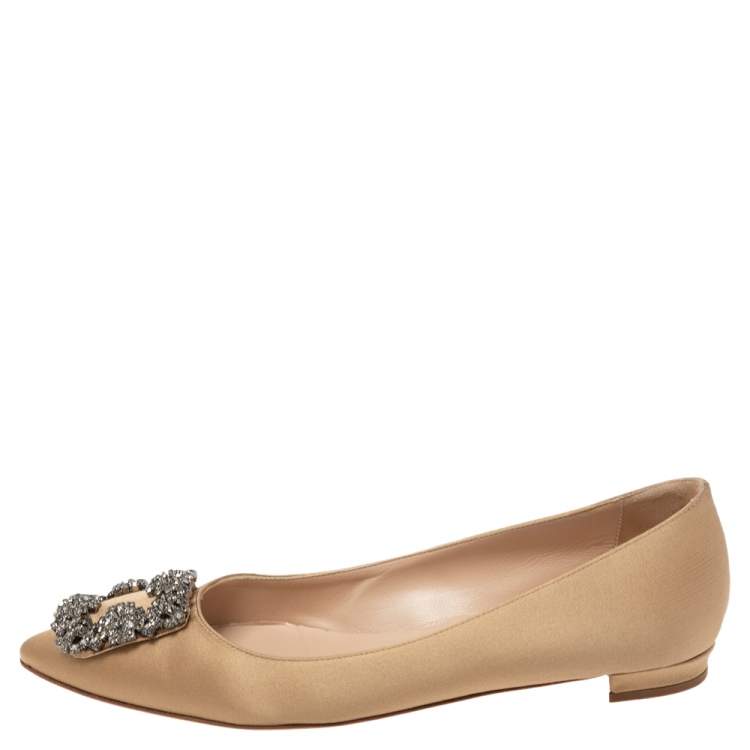Pre Owned Manolo Blahnik Champagne Satin Hangisi Ballet Flats Size 37 
