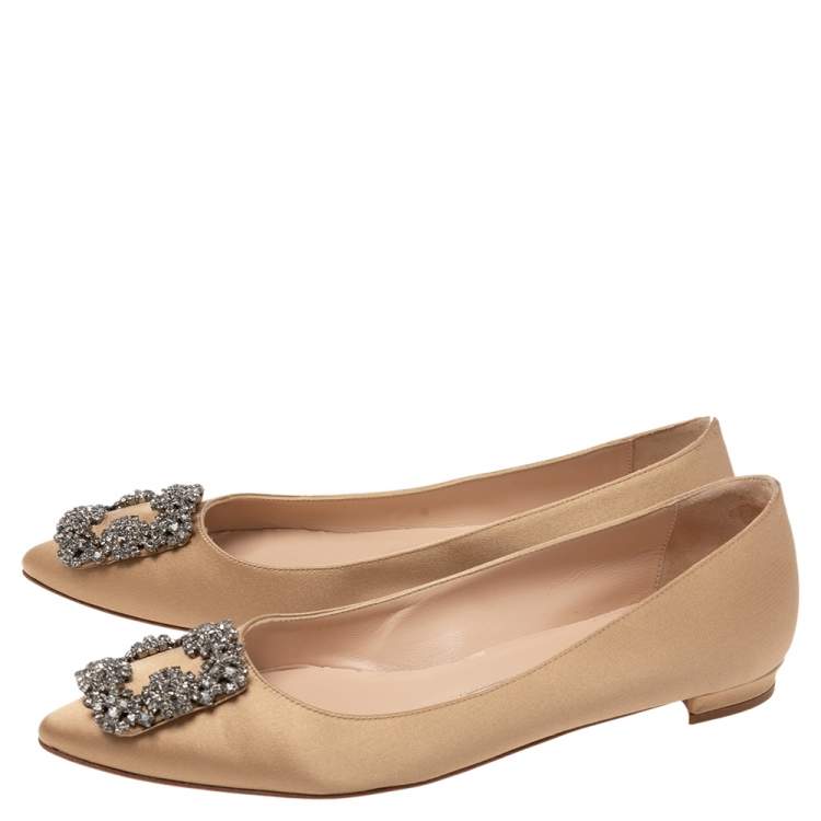 Pre Owned Manolo Blahnik Champagne Satin Hangisi Ballet Flats Size 37 