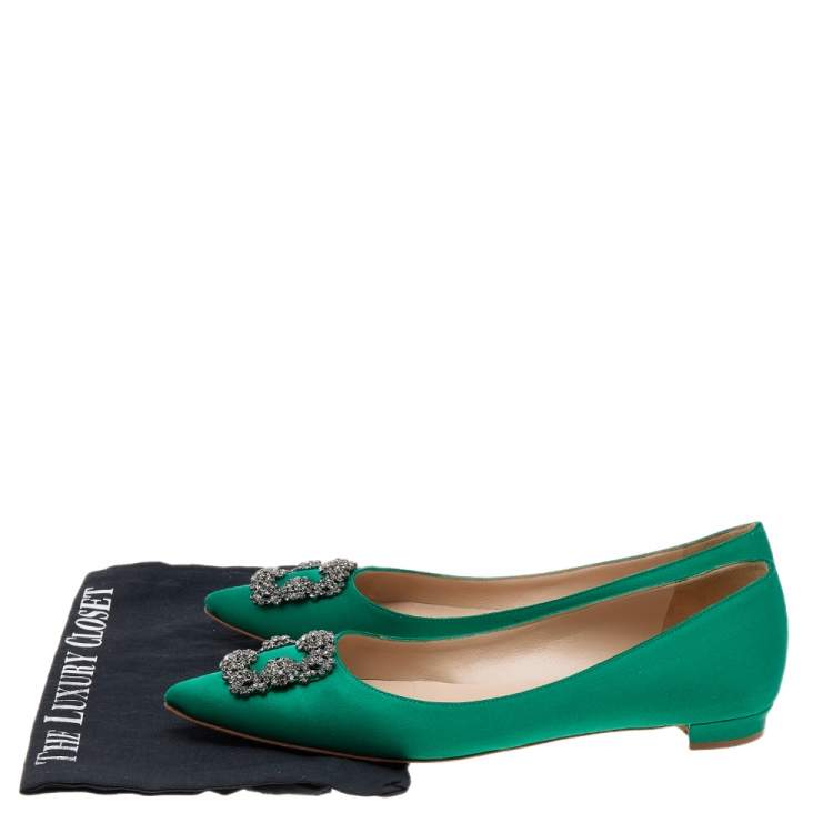 Pre Owned Manolo Blahnik Green Satin Hangisi  Ballet Flats Size 41