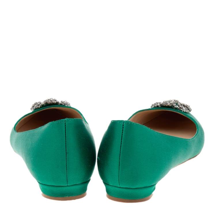 Pre Owned Manolo Blahnik Green Satin Hangisi  Ballet Flats Size 41