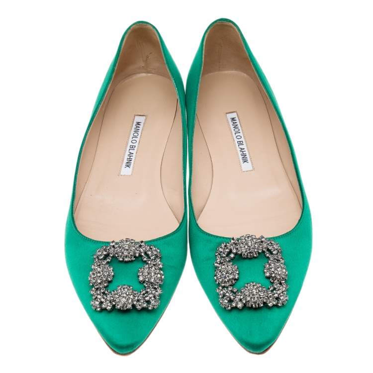 Pre Owned Manolo Blahnik Green Satin Hangisi  Ballet Flats Size 41