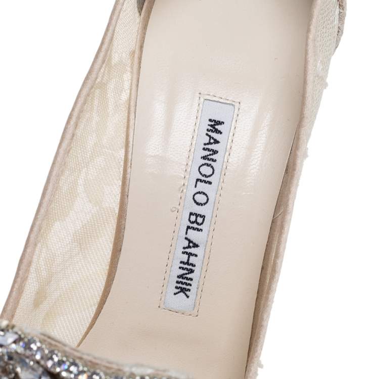 Pre Owned Manolo Blahnik Ivory Lace Borlak Crystal Embellished Pumps Size 39