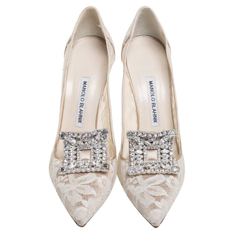 Pre Owned Manolo Blahnik Ivory Lace Borlak Crystal Embellished Pumps Size 39