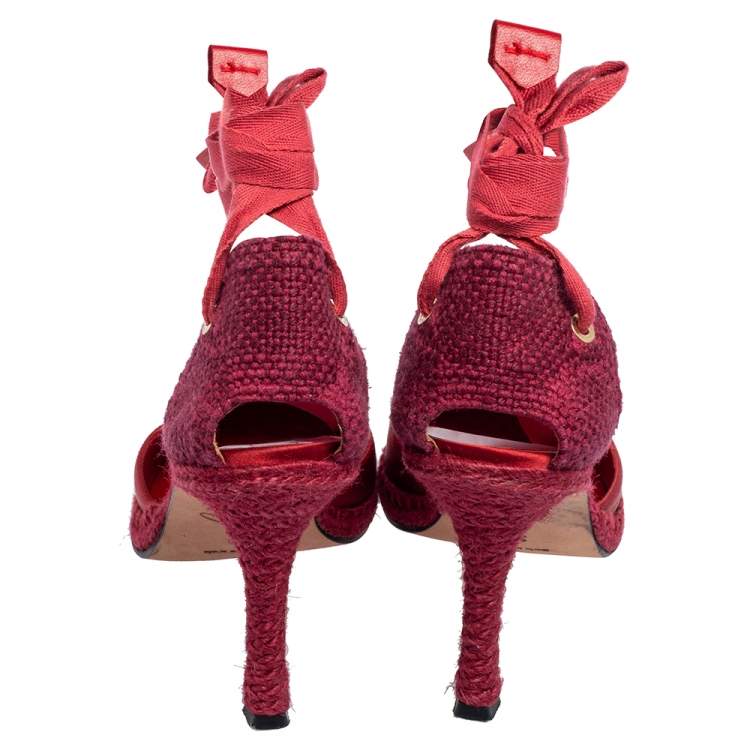 Pre Owned Castañer By Manolo Blahnik Red Satin and Woven Fabric Espadrille Pointed-Toe Ankle-Tie Pumps Size 39