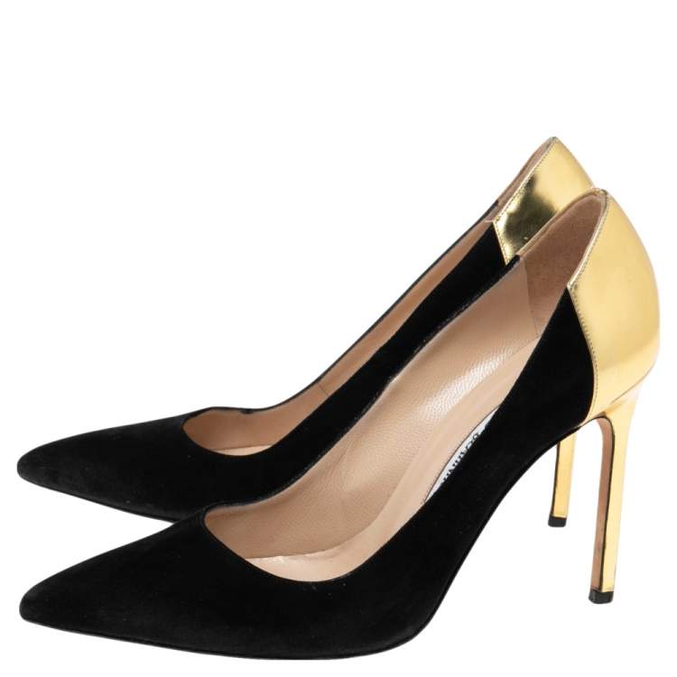 Pre Owned Manolo Blahnik Black/Gold Suede and Gold BB Pointed-Toe Pumps Size 37