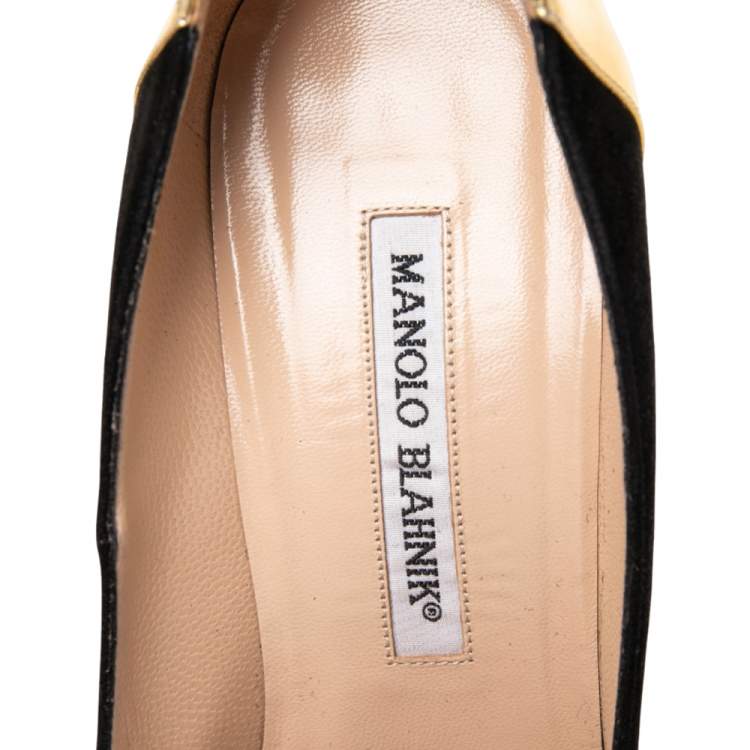 Pre Owned Manolo Blahnik Black/Gold Suede and Gold BB Pointed-Toe Pumps Size 37