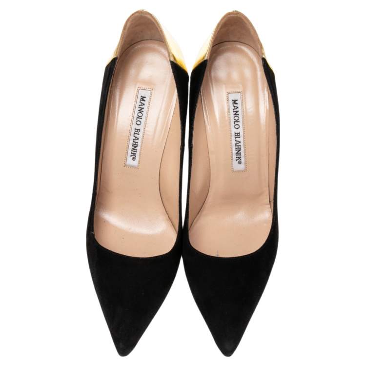 Pre Owned Manolo Blahnik Black/Gold Suede and Gold BB Pointed-Toe Pumps Size 37