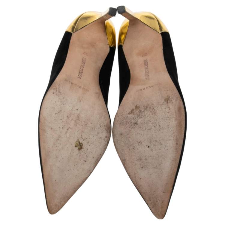 Pre Owned Manolo Blahnik Black/Gold Suede and Gold BB Pointed-Toe Pumps Size 37