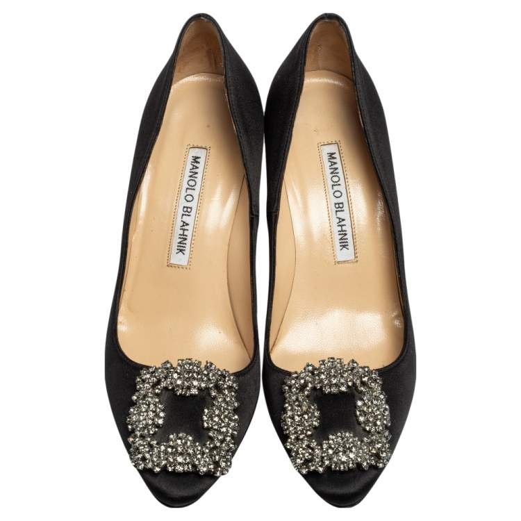 Pre Owned Manolo Blahnik Black Satin Hangisi Pumps Size 34.5