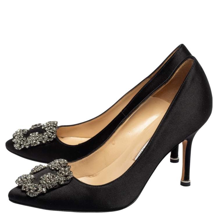 Pre Owned Manolo Blahnik Black Satin Hangisi Pumps Size 34.5