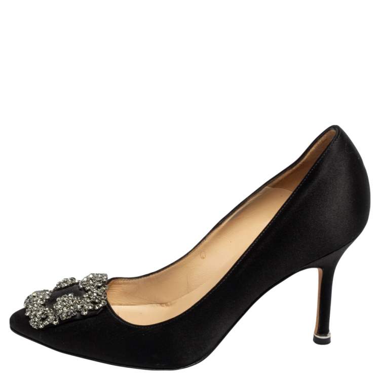 Pre Owned Manolo Blahnik Black Satin Hangisi Pumps Size 34.5