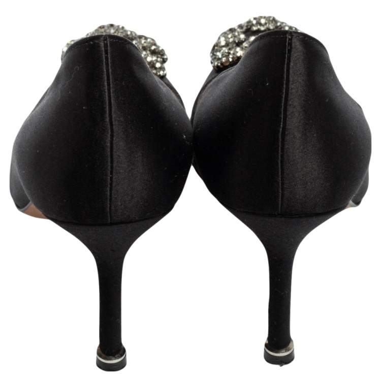 Pre Owned Manolo Blahnik Black Satin Hangisi Pumps Size 34.5