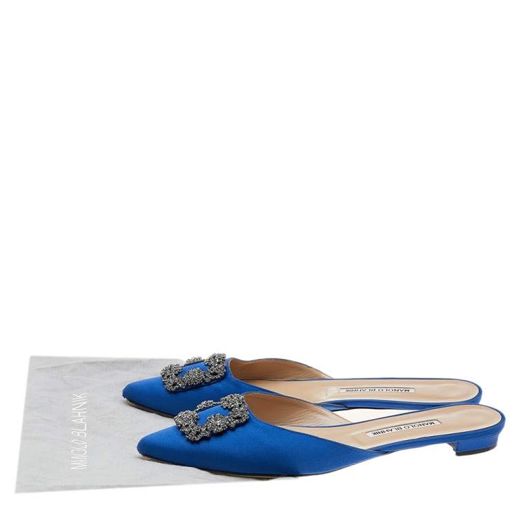 Pre Owned Manolo Blahnik Blue Satin Hangisi Mules Sandals Size 41