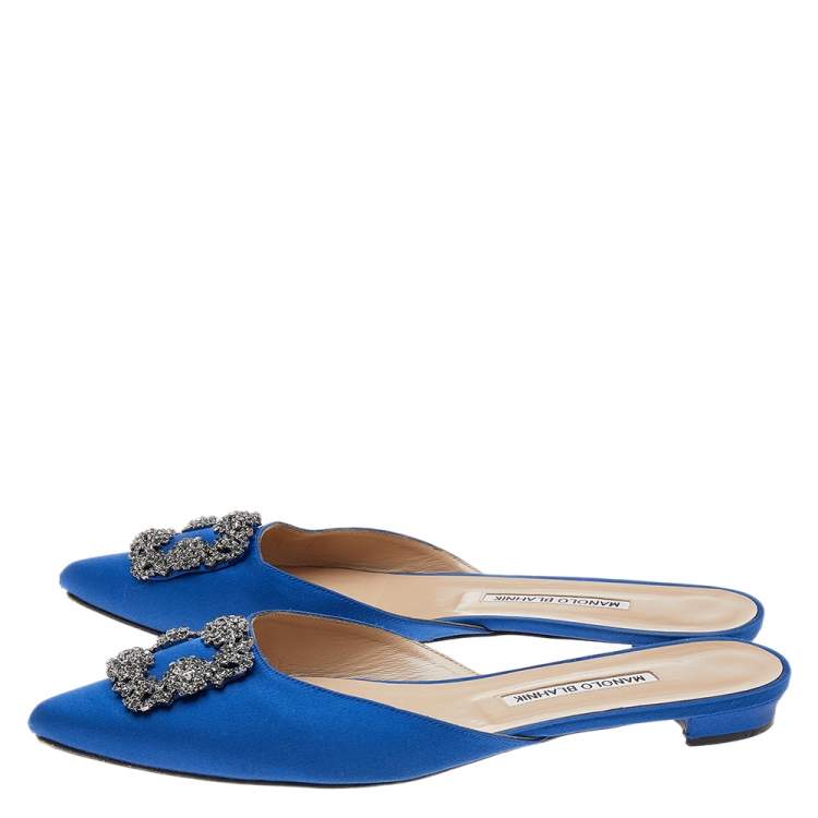 Pre Owned Manolo Blahnik Blue Satin Hangisi Mules Sandals Size 41