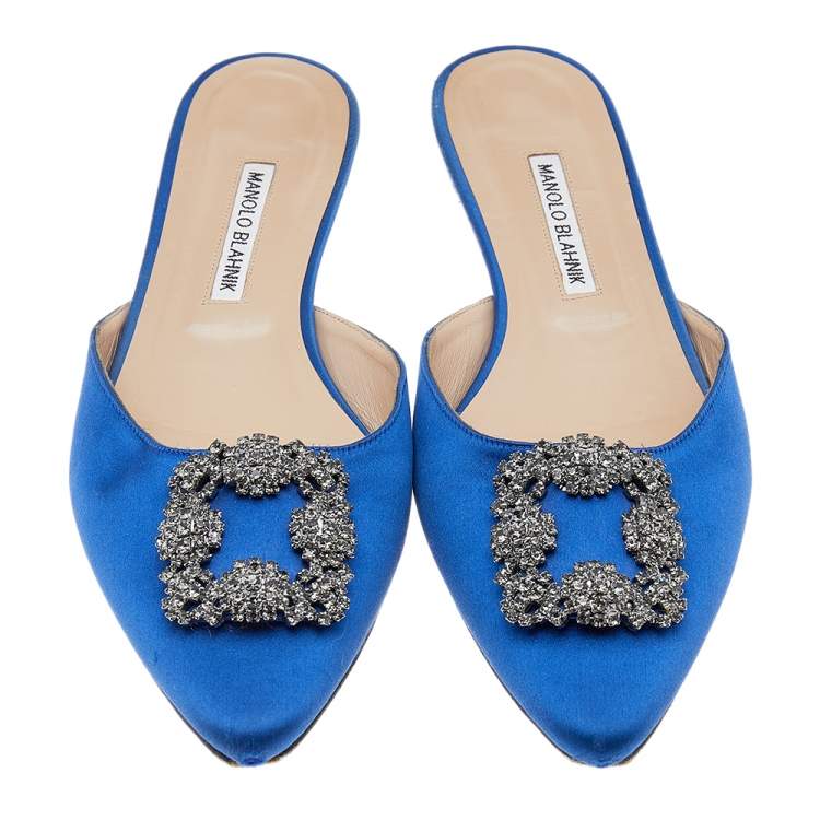 Pre Owned Manolo Blahnik Blue Satin Hangisi Mules Sandals Size 41