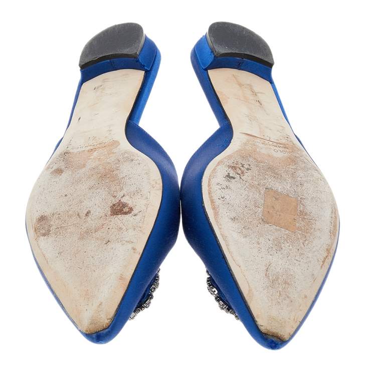 Pre Owned Manolo Blahnik Blue Satin Hangisi Mules Sandals Size 41