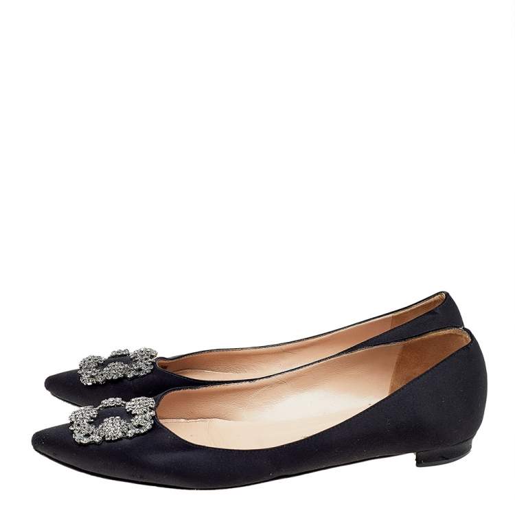 Pre Owned Manolo Blahnik Black Satin Crystal Embellished Flats Size 41