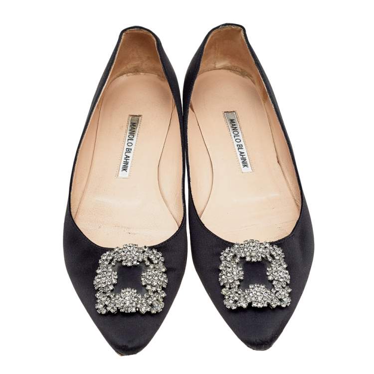 Pre Owned Manolo Blahnik Black Satin Crystal Embellished Flats Size 41