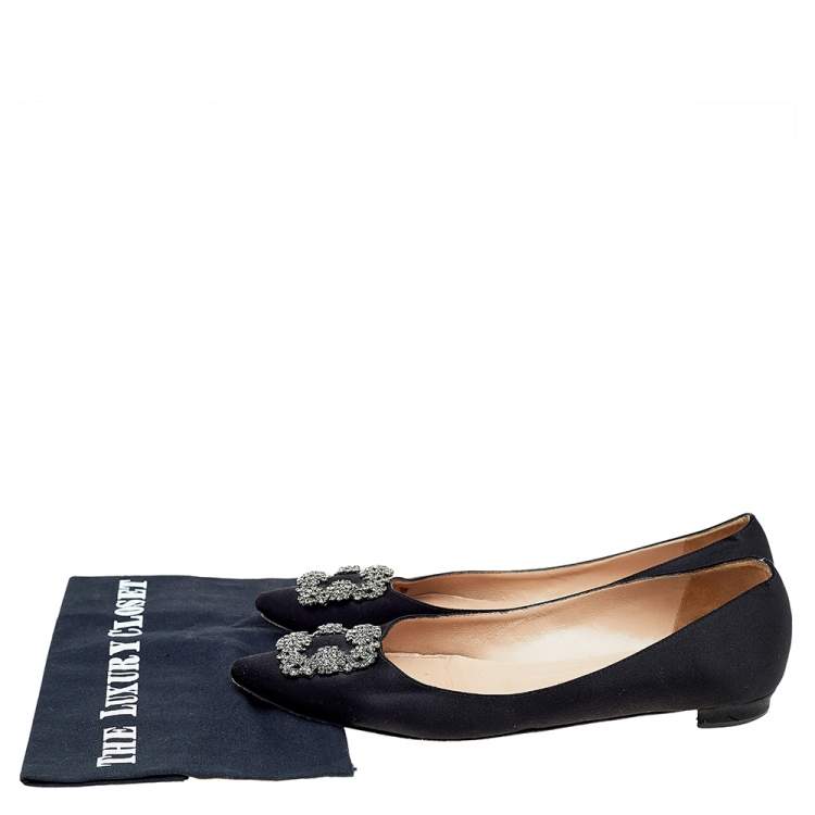 Pre Owned Manolo Blahnik Black Satin Crystal Embellished Flats Size 41