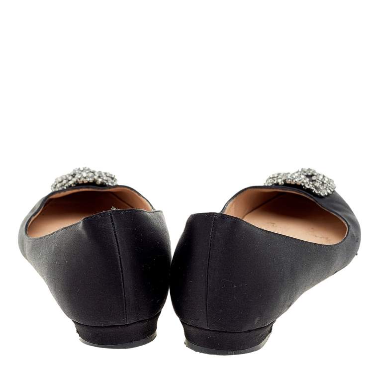 Pre Owned Manolo Blahnik Black Satin Crystal Embellished Flats Size 41