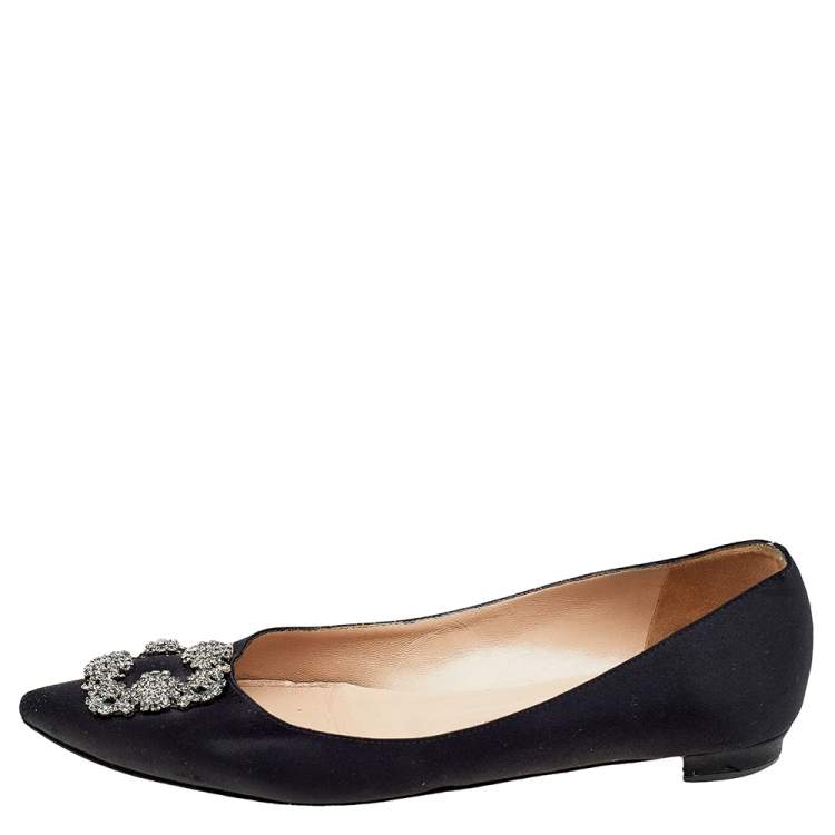 Pre Owned Manolo Blahnik Black Satin Crystal Embellished Flats Size 41