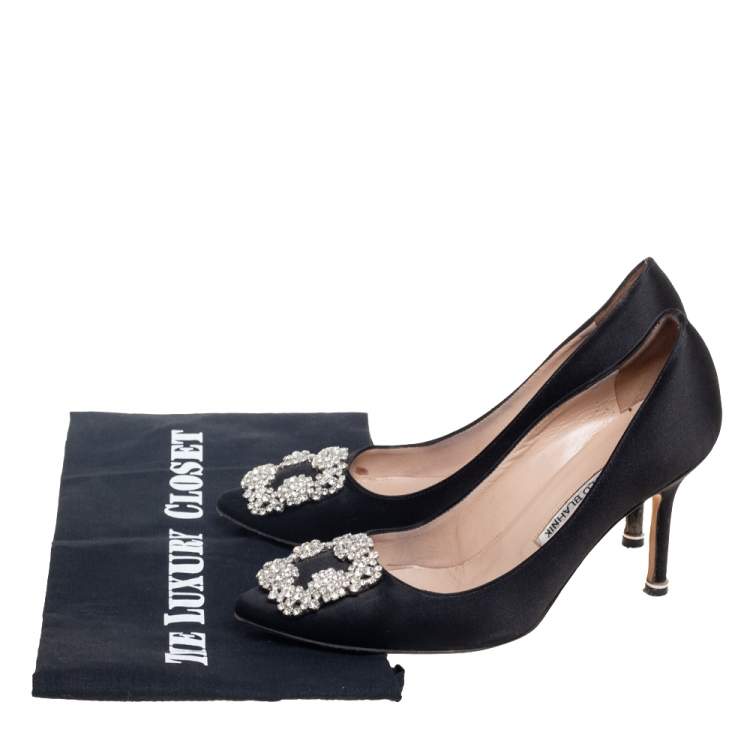 Pre Owned Manolo Blahnik Black Satin Hangisi Crystal Embellishments Pumps Size 36