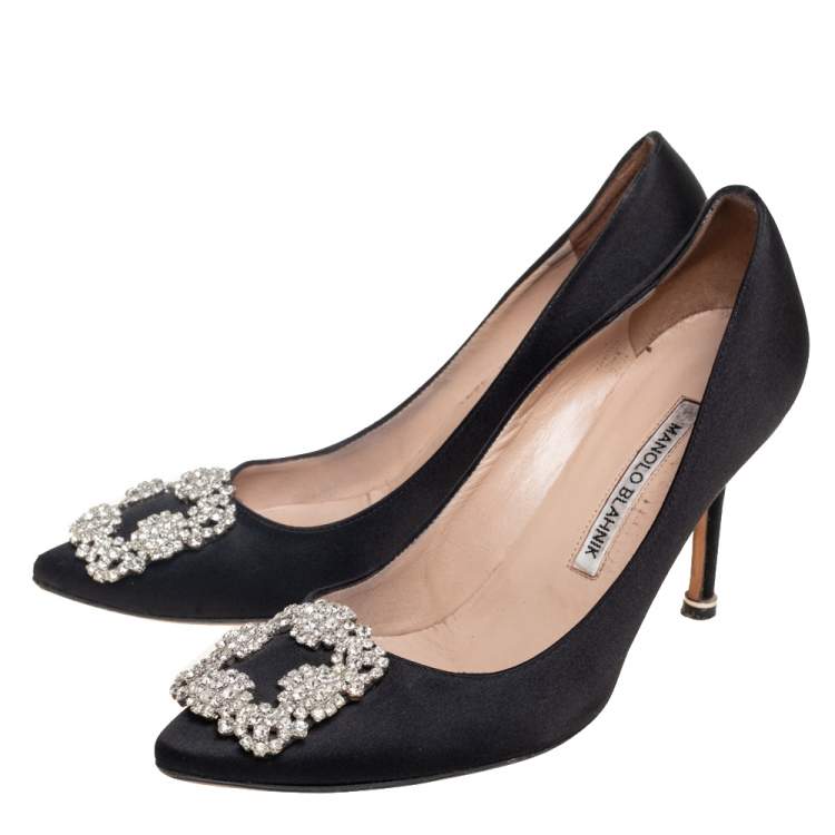 Pre Owned Manolo Blahnik Black Satin Hangisi Crystal Embellishments Pumps Size 36