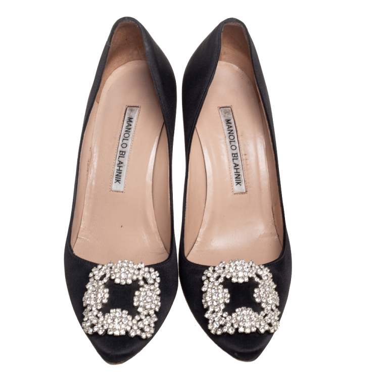 Pre Owned Manolo Blahnik Black Satin Hangisi Crystal Embellishments Pumps Size 36