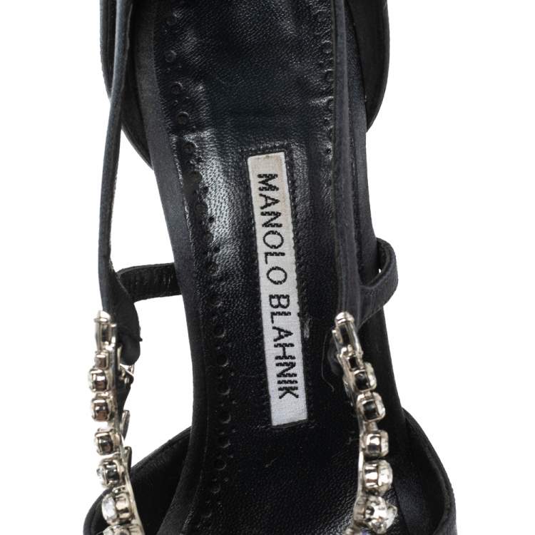 Pre Owned Manolo Blahnik Dark Grey Satin Lala Crystal Embellished Pointed Toe Pumps Size 35.5