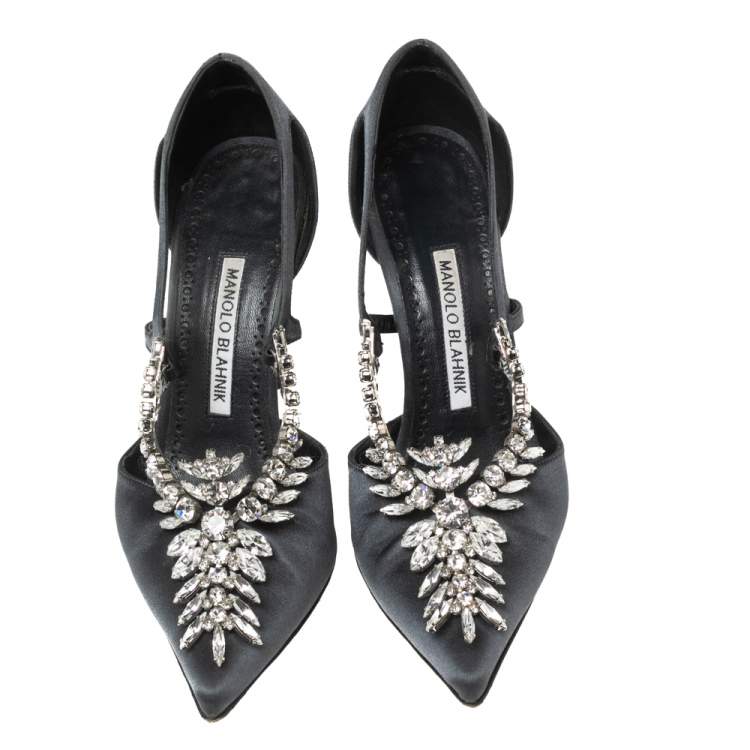Pre Owned Manolo Blahnik Dark Grey Satin Lala Crystal Embellished Pointed Toe Pumps Size 35.5