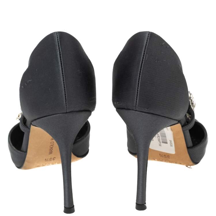 Pre Owned Manolo Blahnik Dark Grey Satin Lala Crystal Embellished Pointed Toe Pumps Size 35.5