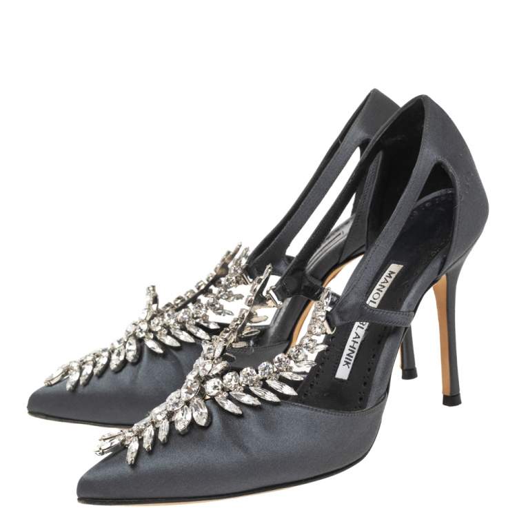 Pre Owned Manolo Blahnik Dark Grey Satin Lala Crystal Embellished Pointed Toe Pumps Size 35.5