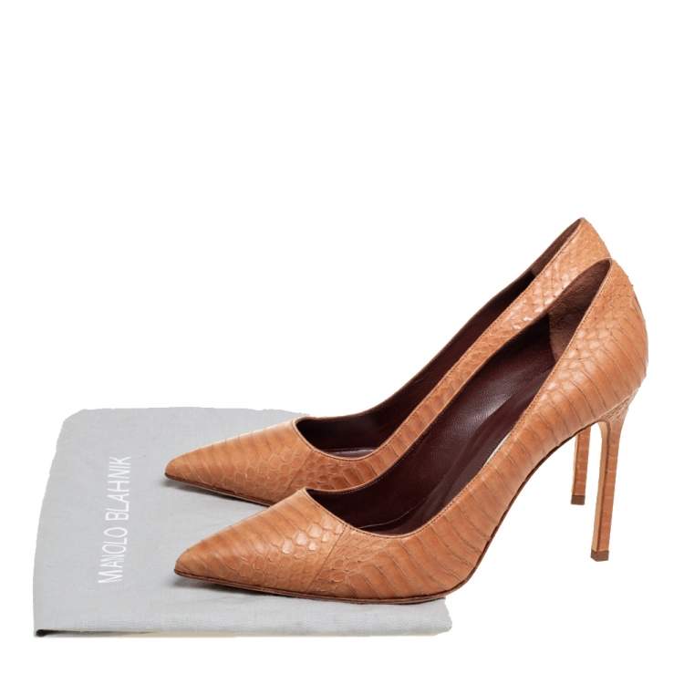Pre Owned Manolo Blahnik Tan Python Leather BB Pointed-Toe Pumps Size 38.5
