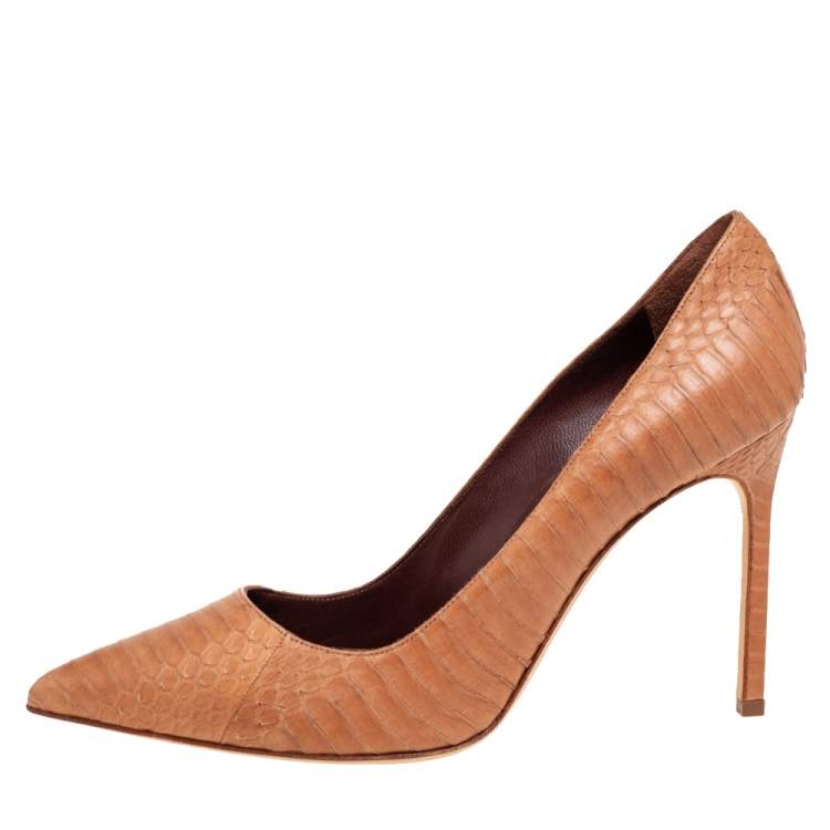 Pre Owned Manolo Blahnik Tan Python Leather BB Pointed-Toe Pumps Size 38.5
