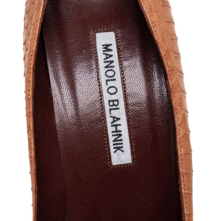 Pre Owned Manolo Blahnik Tan Python Leather BB Pointed-Toe Pumps Size 38.5