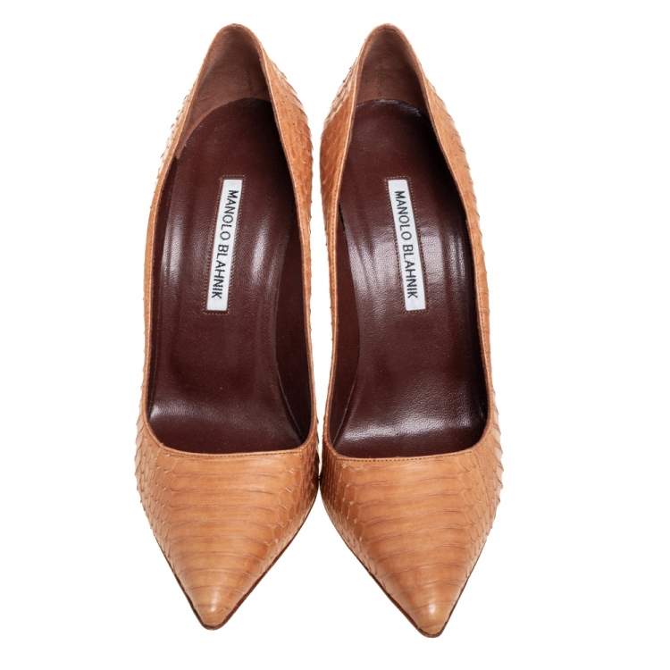 Pre Owned Manolo Blahnik Tan Python Leather BB Pointed-Toe Pumps Size 38.5