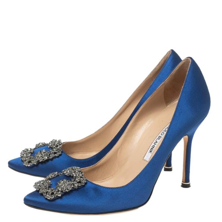 Pre Owned Manolo Blahnik Royal Blue Satin Hangisi Pumps Size 37.5