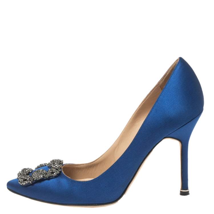 Pre Owned Manolo Blahnik Royal Blue Satin Hangisi Pumps Size 37.5