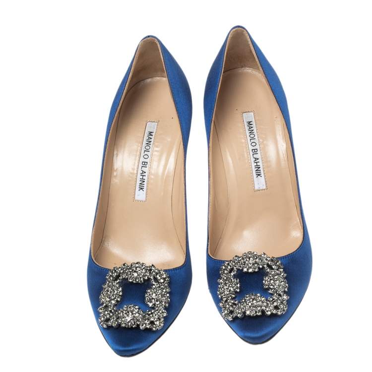 Pre Owned Manolo Blahnik Royal Blue Satin Hangisi Pumps Size 37.5