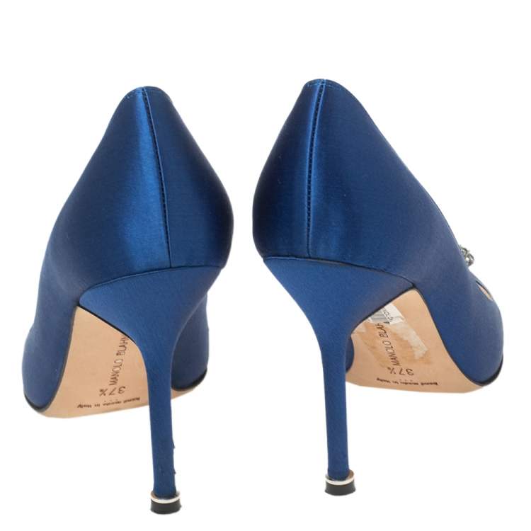 Pre Owned Manolo Blahnik Royal Blue Satin Hangisi Pumps Size 37.5