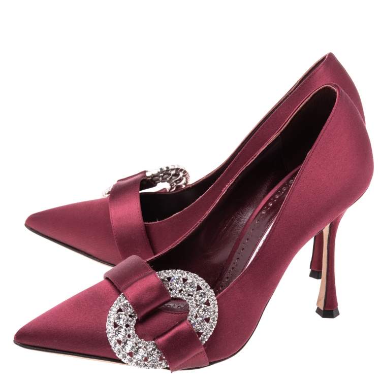 Pre Owned Manolo Blahnik Burgundy Satin Tartonacri Pumps Size 38