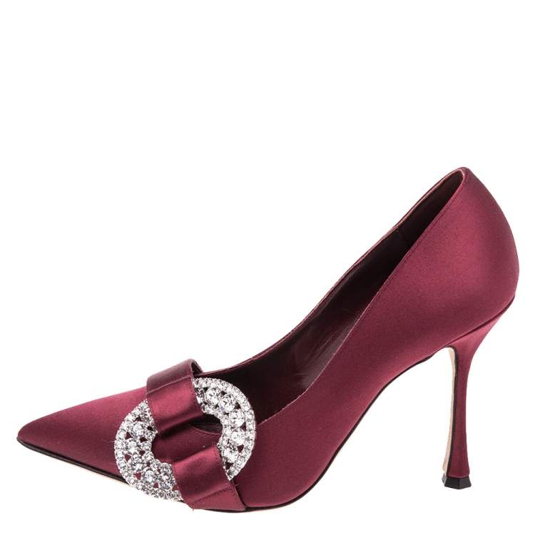 Pre Owned Manolo Blahnik Burgundy Satin Tartonacri Pumps Size 38