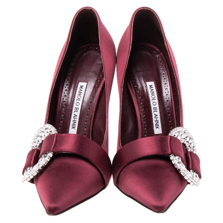 Pre Owned Manolo Blahnik Burgundy Satin Tartonacri Pumps Size 38