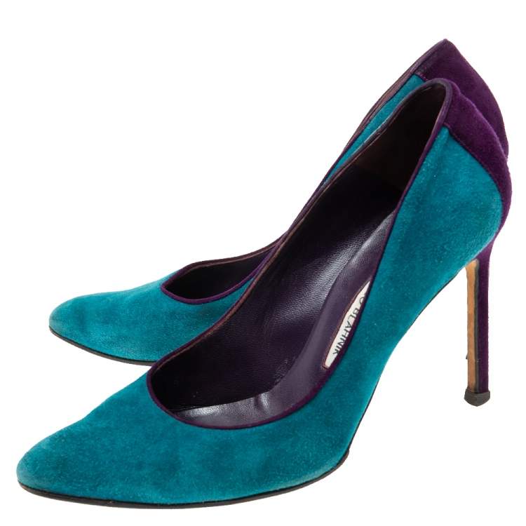 Pre Owned Manolo Blahnik Teal/Purple Suede Pumps Size 39.5
